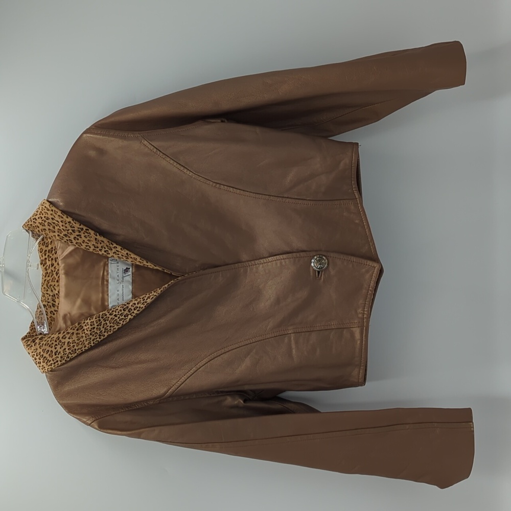 Image Leather Vintage 90s Cropped Jacket Brown Leopard Print Moto Biker Medium